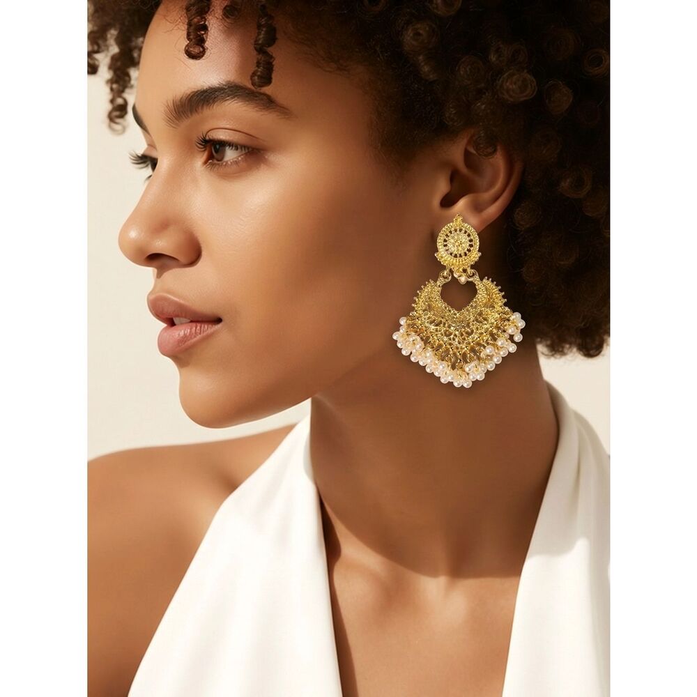 Gold Chandbali Earrings Pearl Jhumka Dangle Indian Bridal Filigree Royal Studs